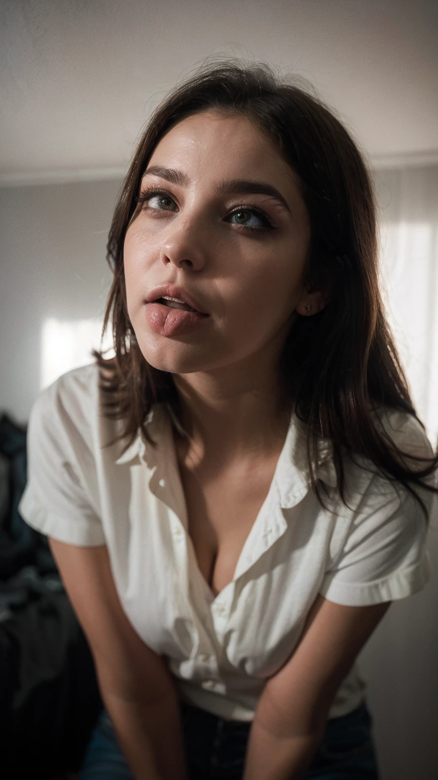 (ultra realistic),Photo, High quality, аналоговая Photoграфия gasped , (low lighting), shadow, Dark atmosphere,Portrait of a girl, gasped, view from above, amateur photography, Detailed eyes, (drools)