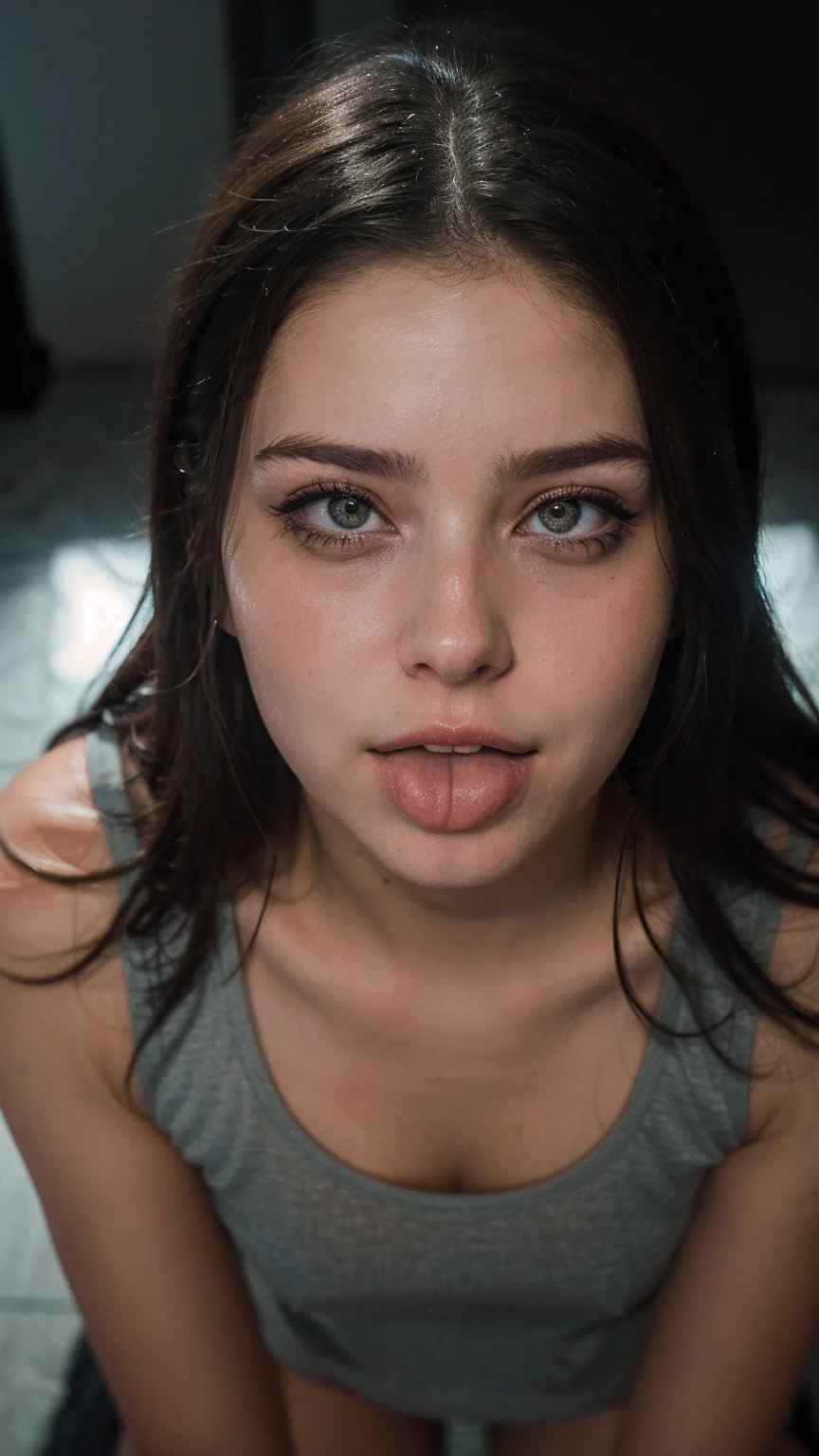 (ultra realistic),Photo, High quality, аналоговая Photoграфия gasped , (low lighting), shadow, Dark atmosphere,Portrait of a girl, gasped, view from above, amateur photography, Detailed eyes, (drools) 