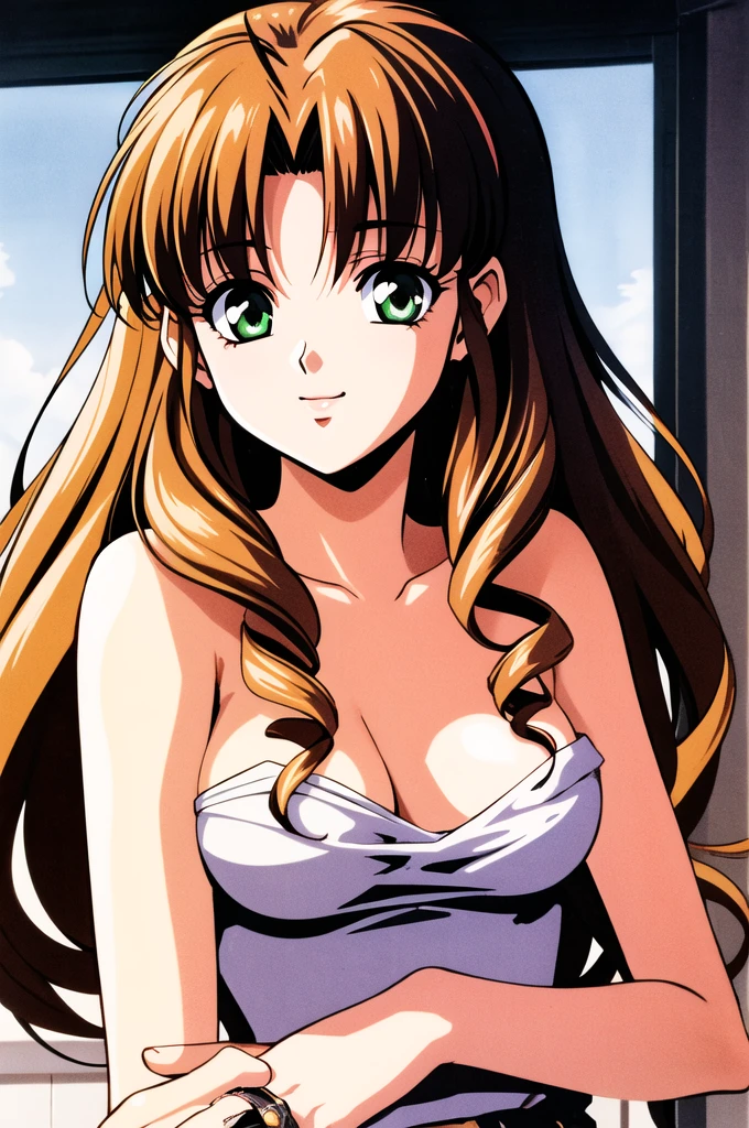 masterpiece,best quality,highres,1girl,solo,animification,1990s \(style\),red ribbon,blunt bangs,green eyes,ringlets, twin drills,gold hair.lace, large breasts,princess,undress,{{{shaded face,seductive smile}}},