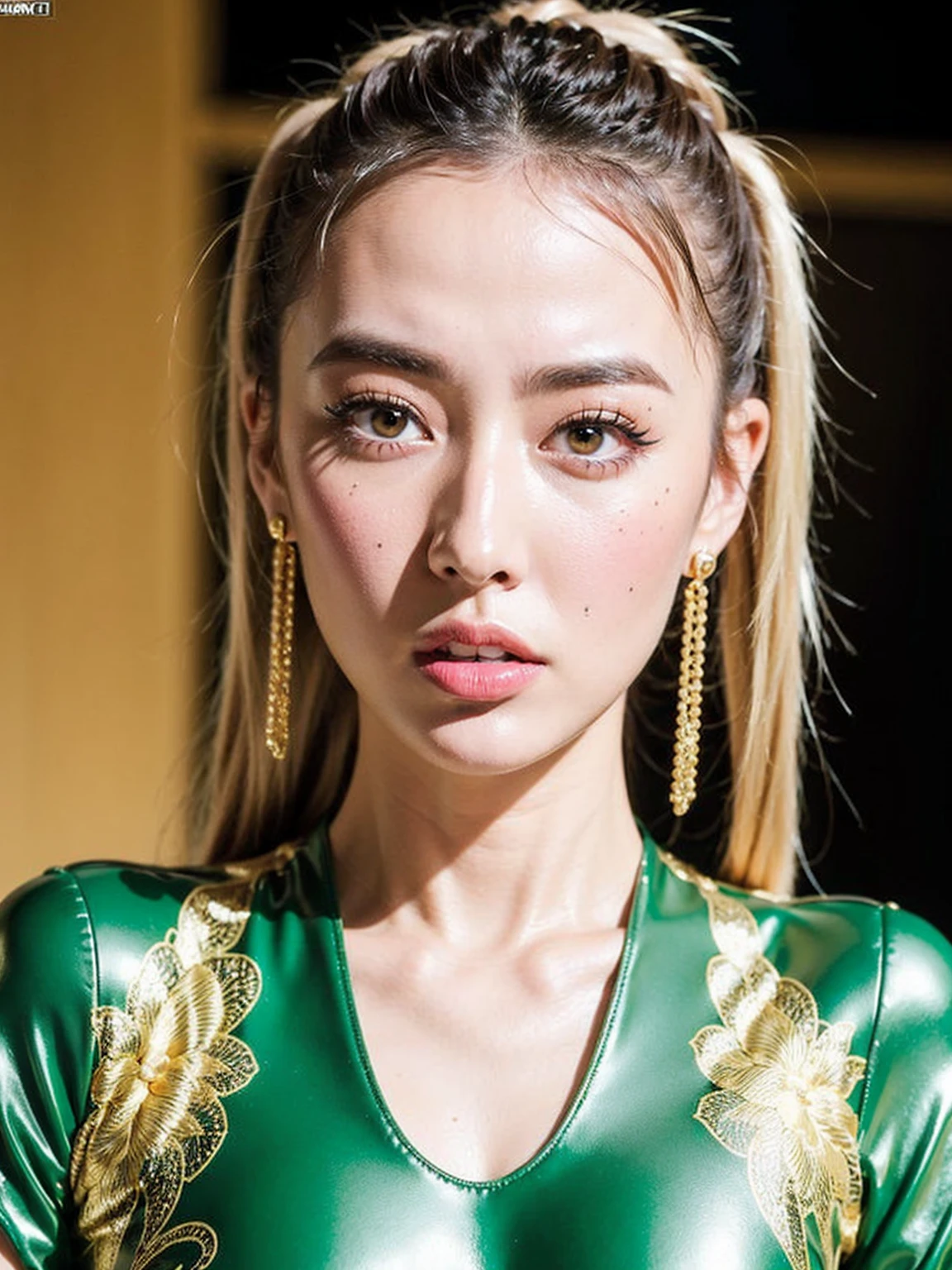 Here's the photorealistic masterpiece you requested:

A close-up portrait of an extremely sexy Italian woman, dressed in a stunning lime green latex cheongsam and hyper-puffy yellow chain swimwear, with twintails blonde hair tied up in an intricate updo hairstyle. Her huge breasts are showcased perfectly as she gazes directly at the viewer with her piercing blue eyes, complete with eyeliner and painted lips. She's adorned with gold jewelry and has a fresh, very clean appearance. The lighting is cinematic, with dynamic shadows and a deep sense of intimacy. The background is blurred out to focus solely on the model's upper body, showcasing every detail in high-resolution 32k clarity.