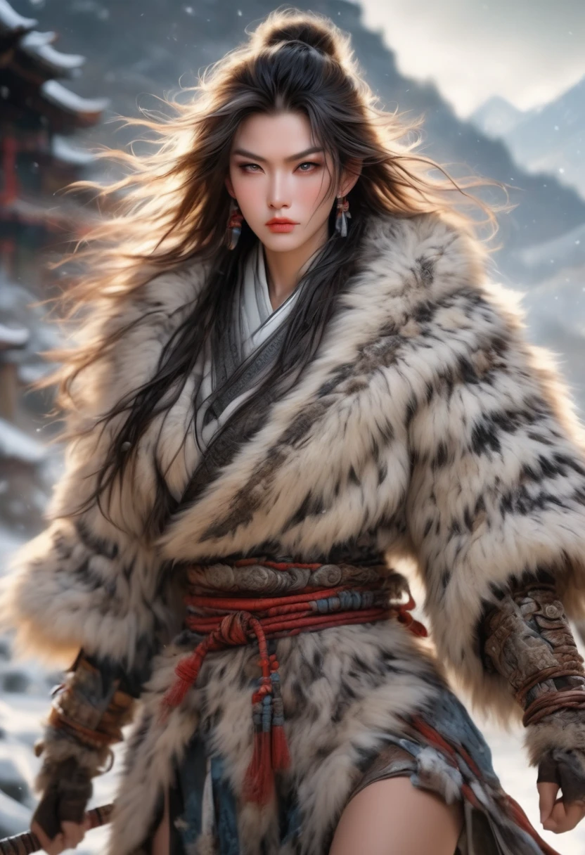 (best quality,4K,8K,high resolution,masterpiece:1.2),Extremely detailed,(Practical,photoPractical,photo-Practical:1.37),Thick fur winter coat,Creative fusion of traditional Chinese design patterns and contemporary elements, Messy hair, Strong expression, Full of energy, Sharp eyes, 1 Samurai, Handsome face, Tiger, Epic Fantasy Character Art, wearing intricate fur armor, Luis Royo (Luis Royo) style, Northern female warrior holding a spear, Human Development Report, Ultra HD, Studio Lighting, very good, Be focused, Physically Based Rendering, Extremely detailed的描述, professional, Vibrant colors, Bokeh, portrait, landscape