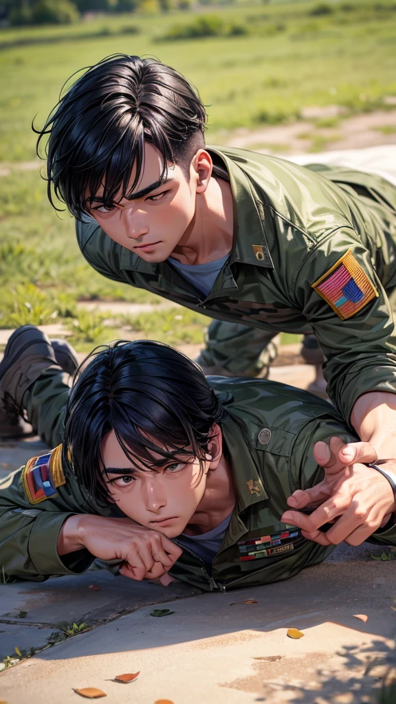 Men doing push-ups in army uniform