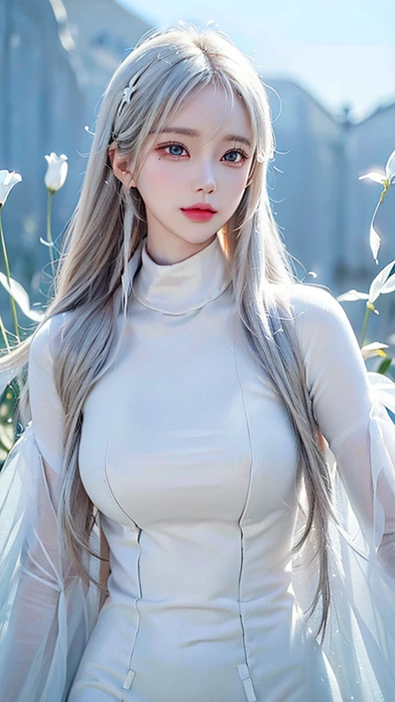 ((Bust up photo))((masterpiece:1.5、8k、Portraiture、フォトリアリスティックでVery detailedなCG、Very detailed、Particle Effects、Dynamic Effects、Written boundary depth、Cinematic Light、Lens flare、Ray Tracing、Tabletop、Realistic:1.4、Ultra-high resolution:1.2、Realistic、Realistic))((alone、,Woman in turtleneck dress:1.4、Model-like pose:、Side bust、Ample breasts、Detailed face、Bright expression、young, Brighter, Whiter skin、Best Looks、Ultimate beauty、White hair with shiny highlights:1.8、bright and shiny hair,、Super long, Silky straight hair、Hair swaying in the wind))(Wonderful transparent flower々Surrounded by、White Background、Great background、Thin petals fluttering down)