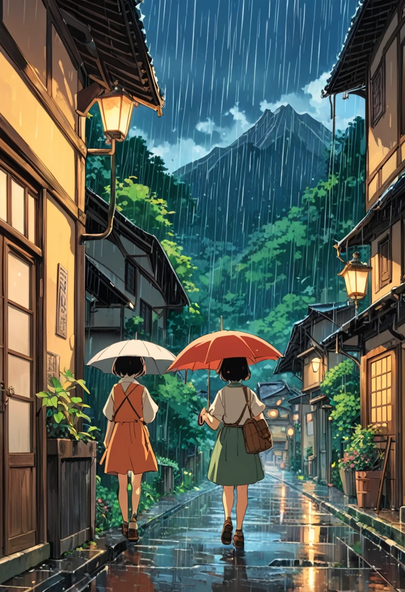 Studio Ghibli-style anime movies, Movie stills, Highest quality, masterpiece, Representative works, Official Art, Professional, Super intricate details, 8k, rain,I can see the back of a girl holding an umbrella.,Mountain