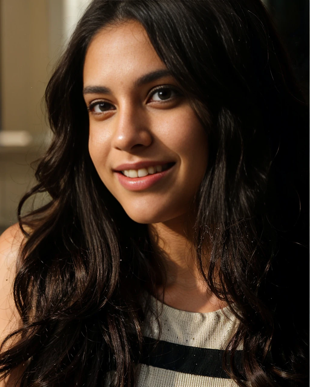 Beautiful ,23 years young Indian girl healthy,indian girl with brown skin, cheerful smile looking,8k,realistic, raw photo,dark brown hair,fair skin, indian,long hair,clear facial features,, very detailed, 23years old, innocent face, natural wavy hair, high resolution, masterpiece, best quality, intricate details, highly detailed, sharp focus, detailed skin, realistic skin texture, texture, detailed eyes, professional, 4k, charming smile, shot on Canon, 85mm, shallow depth of field, kodak vision color, perfect fit body, extremely detailed, foto_\(ultra\), photorealistic, realistic, post-processing, maximum detail, roughness, real life, ultra realistic, photorealism, photography, 8k uhd, photography