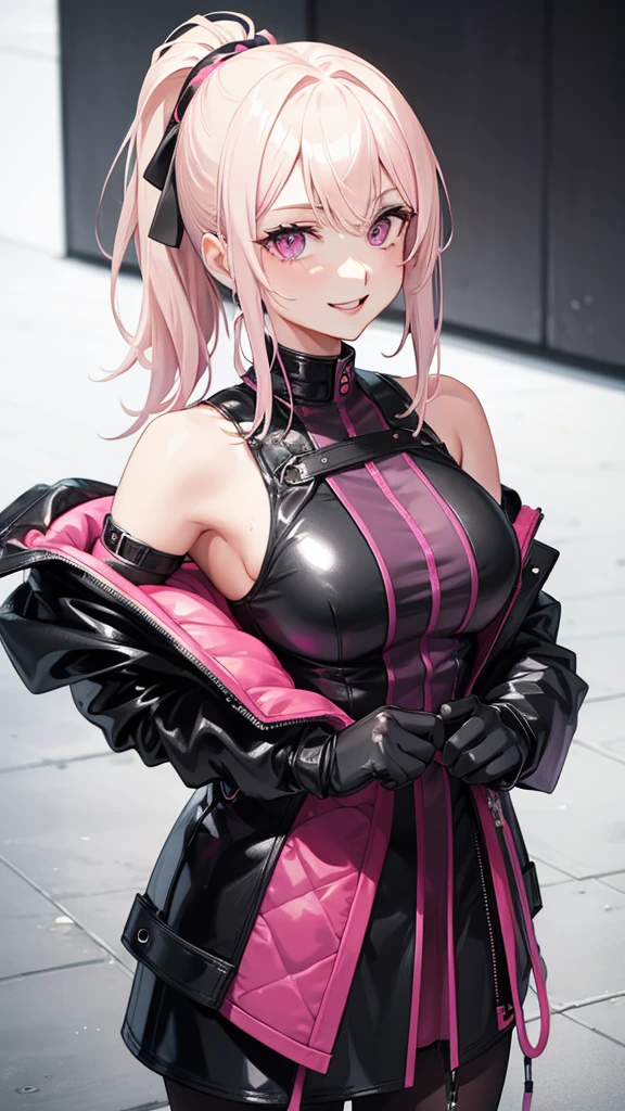 (((Adult woman))), ponytail blonde hair, (Pink eyes), black leather clothes, smile