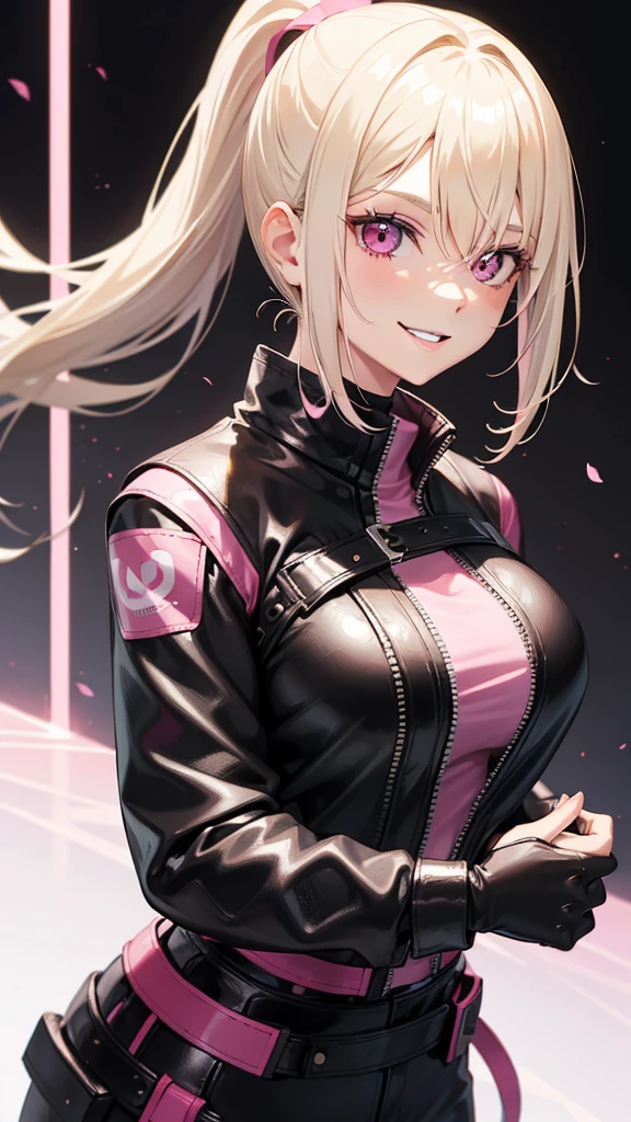 (((Adult woman))), ponytail blonde hair, (Pink eyes), black leather clothes, smile