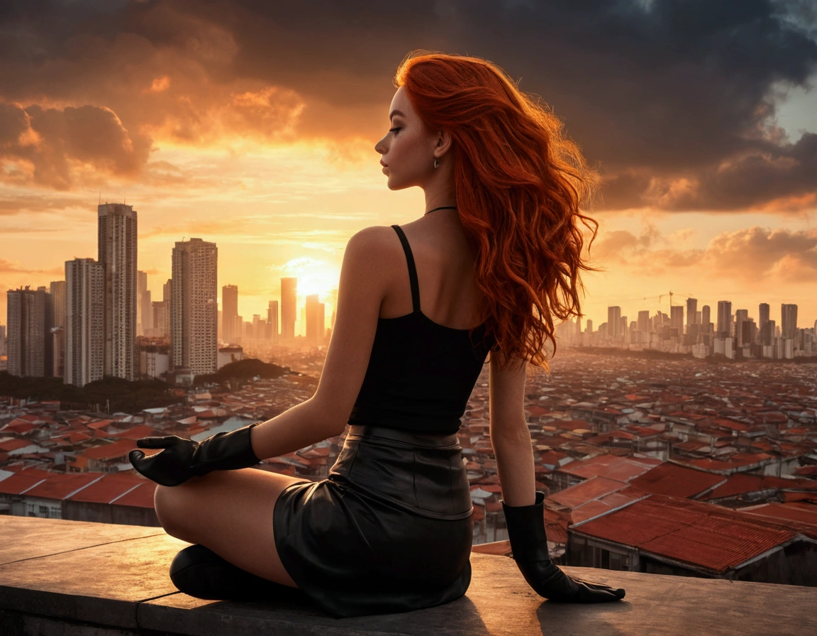 ((Best illustrations)) Brazilian Girls, Redhead, Teenage body, Black Top, Black tight skirt, Black boots, Cityscape, building, Skyline, sunset, Silhouette against a cloud background, meditation.