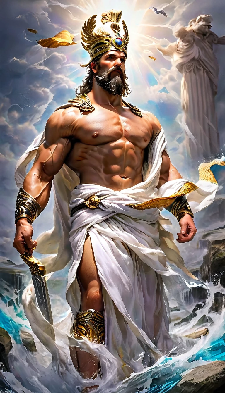 Zeus, Muscular, tall, bearded, thunderbolt, crown, toga, sandals, regal, commanding, divine