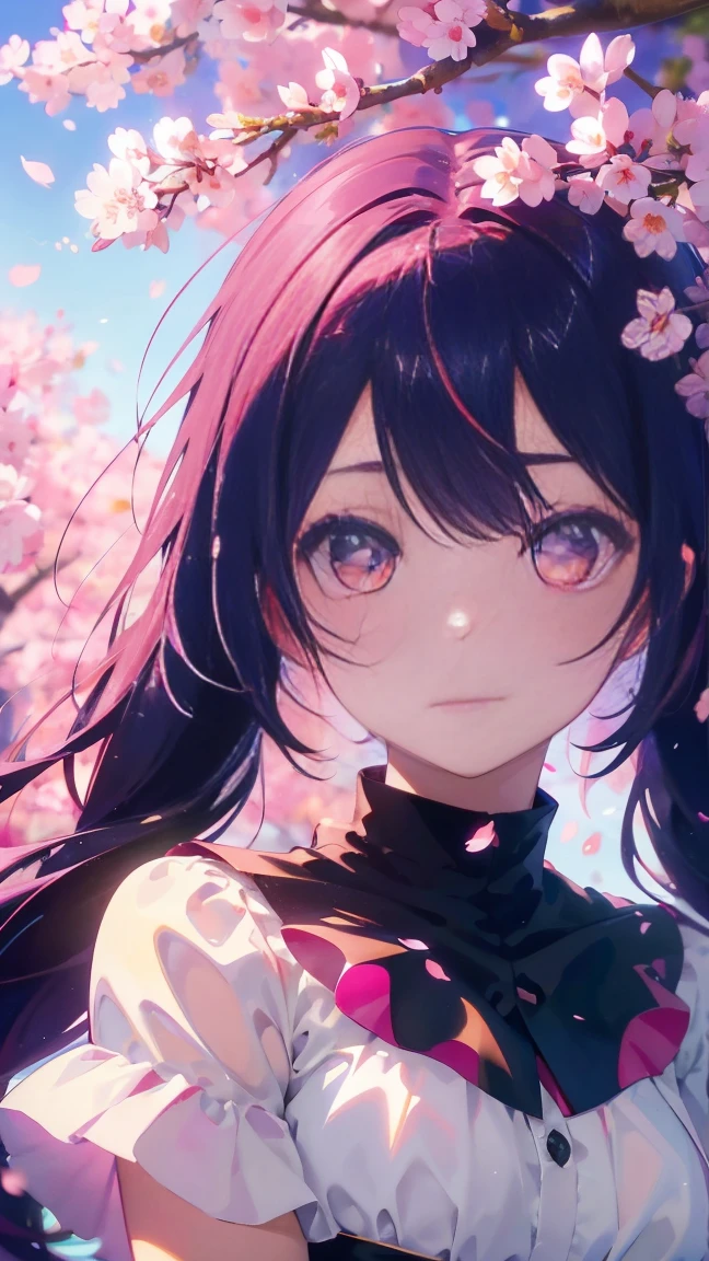 1 Anime Girl, alone,Black petals flutter, Mysteriously glowing butterfly.city,Bright pink hair,red gem eyes,Long twin tails,Thin legs,Very clear,Highest quality,辺り一面のcherry blossoms,都city,cherry blossoms,cherry blossomsミク,Beautiful Morning,Asahi,Face close-up,sunny,cherry blossomsを見上げる,slope