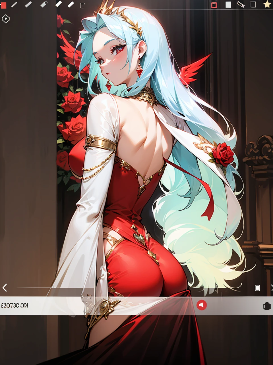 Add in roses to her dress, a good back dress design with some golden jewelry, make her dress into a red and white gown with a hat, give her some unique Jewelry, and make her look somewhat of a demonic angel like appearance to her