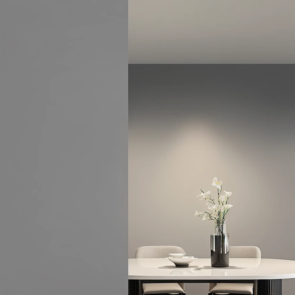 On the table was a vase,Flowers and chairs, Stylish design, Clarity、Smooth、Clean lines, Elegant and simple, sleek streamlined design, simple design, Realistic lighting, Detailed architectural visualization renderings, Brightly lit atmosphere, Simple and beautiful, simple design, Artistic Interpretation, Dramatic diffuse lighting, Minimal modern, Hyper-realistic rendering