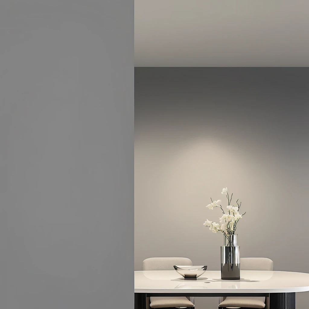 On the table was a vase,Flowers and chairs, Stylish design, Clarity、Smooth、Clean lines, Elegant and simple, sleek streamlined design, simple design, Realistic lighting, Detailed architectural visualization renderings, Brightly lit atmosphere, Simple and beautiful, simple design, Artistic Interpretation, Dramatic diffuse lighting, Minimal modern, Hyper-realistic rendering