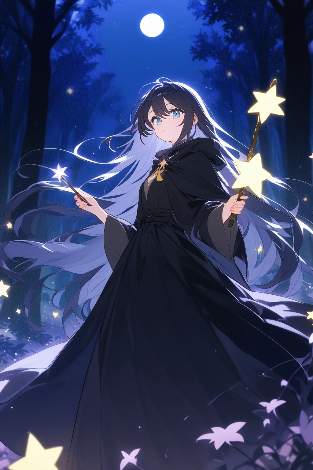 A young witch in a black cloak holding a magic wand stands in a forest clearing under a full moon. Her long hair flows in the wind, and her eyes gleam with a mysterious light. The background is filled with twinkling stars and shadowy trees.