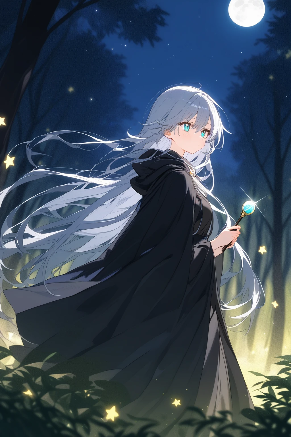 A young witch in a black cloak holding a magic wand stands in a forest clearing under a full moon. Her long hair flows in the wind, and her eyes gleam with a mysterious light. The background is filled with twinkling stars and shadowy trees.
