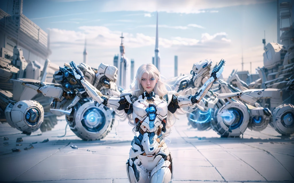 masterpiece, best quality, colorful, cowboy shooting, (pale skin:1.2), flat chest, Mecha, armor, girl,Mechanical_Body, High resolution, white hair, Very long hair, garlic, , alone, blue eyes, white coat, Soft fabric waist extension, blue energy, destroy, quantum energy, Mechanical wings