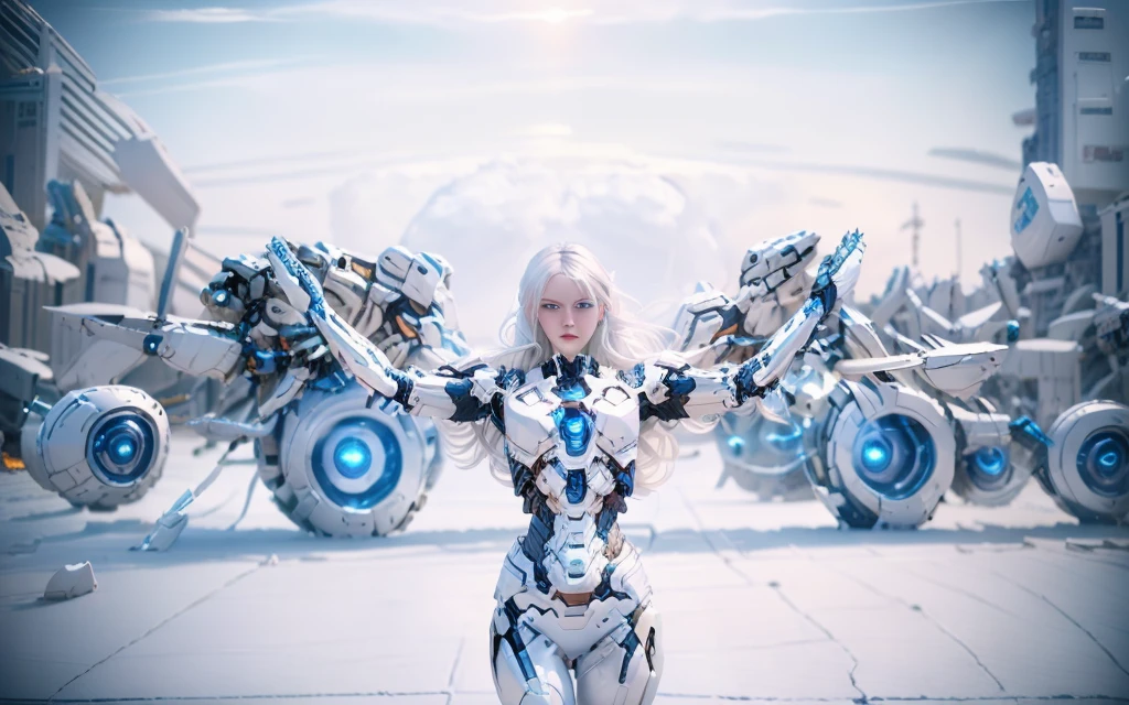 masterpiece, best quality, colorful, cowboy shooting, (pale skin:1.2), flat chest, Mecha, armor, girl,Mechanical_Body, High resolution, white hair, Very long hair, garlic, , alone, blue eyes, white coat, Soft fabric waist extension, blue energy, destroy, quantum energy, Mechanical wings