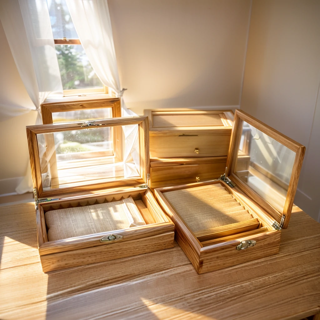 In this cozy room，A ray of sunlight shone through the half-drawn curtains on the table，Let the wood grain on the watch storage box shine with a faint luster。There was a calm and peaceful atmosphere in the air around them。There are several still lifes hanging on the walls of the room，It adds a touch of elegance to the space。And on the other side of the room，The half-open window lets in the breeze，The pages on the small desk by the window turned in the wind，This quiet scene gives a sense of tranquility and comfort。
