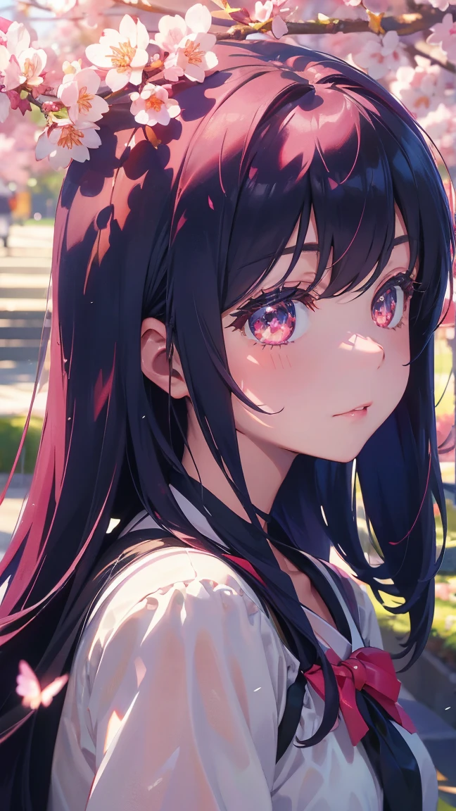 1 Anime Girl, alone,Black petals flutter, Mysteriously glowing butterfly.city,Bright pink hair,red gem eyes,Straight Long Hair,Thin legs,Very clear,Highest quality,辺り一面のcherry blossoms,都city,cherry blossoms,cherry blossomsミク,Beautiful Morning,Asahi,Face close-up,sunny,cherry blossomsを見上げる,slope