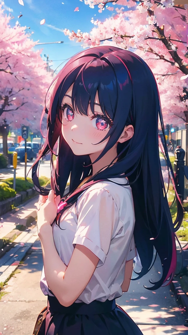 1 Anime Girl, alone,Black petals flutter, Mysteriously glowing butterfly.city,Bright pink hair,red gem eyes,Straight Long Hair,Thin legs,Very clear,Highest quality,辺り一面のcherry blossoms,都city,cherry blossoms,cherry blossomsミク,Beautiful Morning,Asahi,Face close-up,sunny,cherry blossomsを見上げる,slope