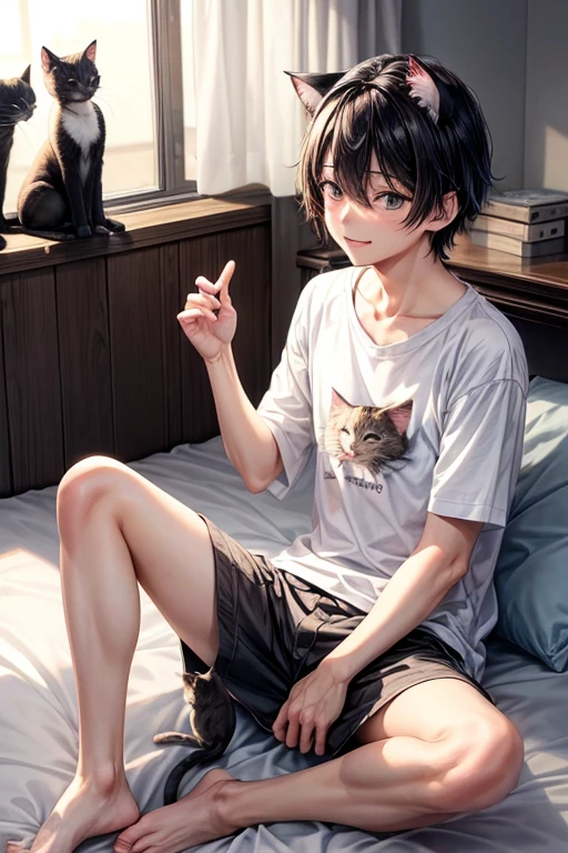 1人の若いmale性と3匹の小さな子猫,3 kittens,小さな子猫に囲まれている若いmale性,爽やか雰囲気の若いmale性,とびっきりの優しい笑顔の若いmale性,口を大きく開けている若いmale性,猫と遊んでる若いmale性,blush,Cats surround the screen,とびっきり嬉しそうな笑顔の若いmale性,Cat smiles too,color々Kittens of all kinds,Sunshine is in,On the bed,Black Hair_male,Straight Hair_male,20-year-old_male,anime,Slender_male,Casual clothing_male