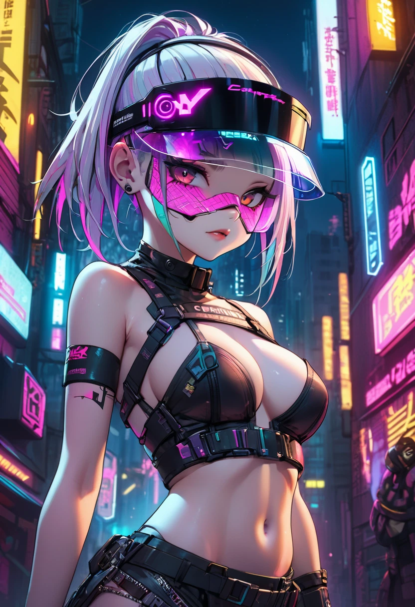 top-quality))、((masterpiece)、cyberpunked、Electronic visor attached to the face of a 、Cyberpunk Fashion、Sexy Posing、Brea a little bion lights in the city at night
