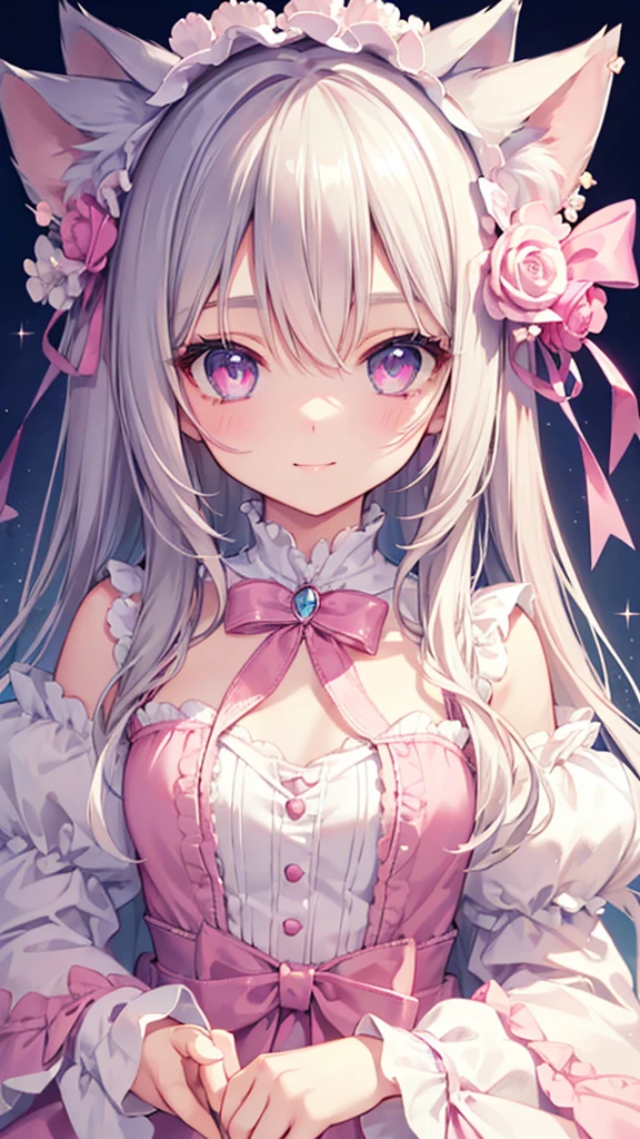 Highly detailed face,fine grain,Sparkling eyes,Highlighted eyes,Medium chest,pretty girl, smile,Longing eyes,Cat ear, Beautiful silver hair,Pink inside,Beautiful pink eyes, lolita fashion