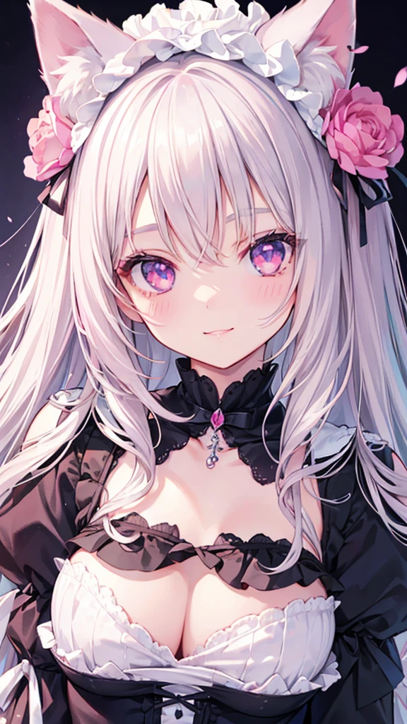 Highly detailed face,fine grain,Sparkling eyes,Highlighted eyes,Medium chest,pretty girl, smile,Longing eyes,Cat ear, Beautiful silver hair,Pink inside,Beautiful pink eyes, lolita fashion