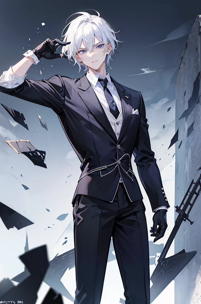 Physical Appearance: (Satoru Gojo) has a lean, athletic build, with a tall and lanky physique. His white hair is short and styled in a messy, spiky manner, often with a few strands framing his face. His eyes are an intense shade of blue, with a piercing gaze that seems to bore into those he looks at. He has a strong jawline and full lips, which often curve into a mischievous smirk. Attire: Gojo typically wears a black three-piece suit with a white shirt and a black tie. This attire gives him an air of sophistication and elegance, which contrasts with his rugged and rebellious personality. He also wears black gloves, which serve as a reminder of his Jujutsu sorcery abilities. Personality: Satoru Gojo is a complex and multifaceted character. On the surface, he appears to be a confident and self-assured individual who isn't afraid to take risks. He's bold, fearless, and willing to push boundaries to achieve his goals. However, beneath this façade lies a deep sense of vulnerability and emotional depth. He has experienced great loss and pain in his past, which has shaped him into the person he is today.