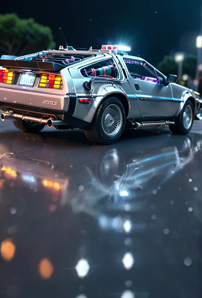 Ultra-Realistic Capture, Very detailedな, High resolution 16K,RAW Photos,Highest quality,masterpiece,reality,Very detailed,bfdlrn,Back to the Future,Time Machine,Delorean,Very fine details,Shiny body,Neon and lightning background,Extremely fine LED particles,A body covered in light particles,Concentrated line,radiation,dazzling,Deloreanに横たわる美しい女性,Tank top,Long Hair,Watch the clock,slim,