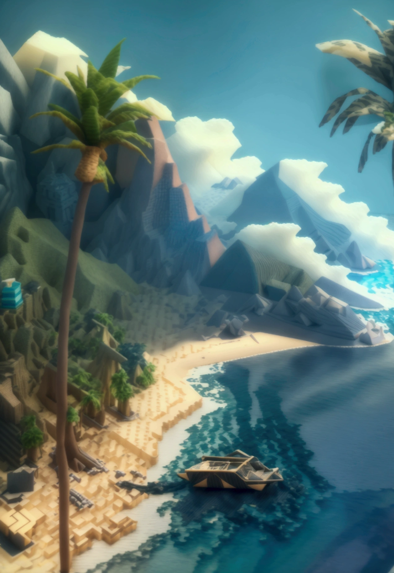 (Isometric Art:1.5)，The art of math，Mountains，Fall，beach，Boat，Palm tree，(high quality，Masterpiece，Octane Rendering，Ray Tracing，Extremely detailed，3d，8k:1.5) ，Isometric projection