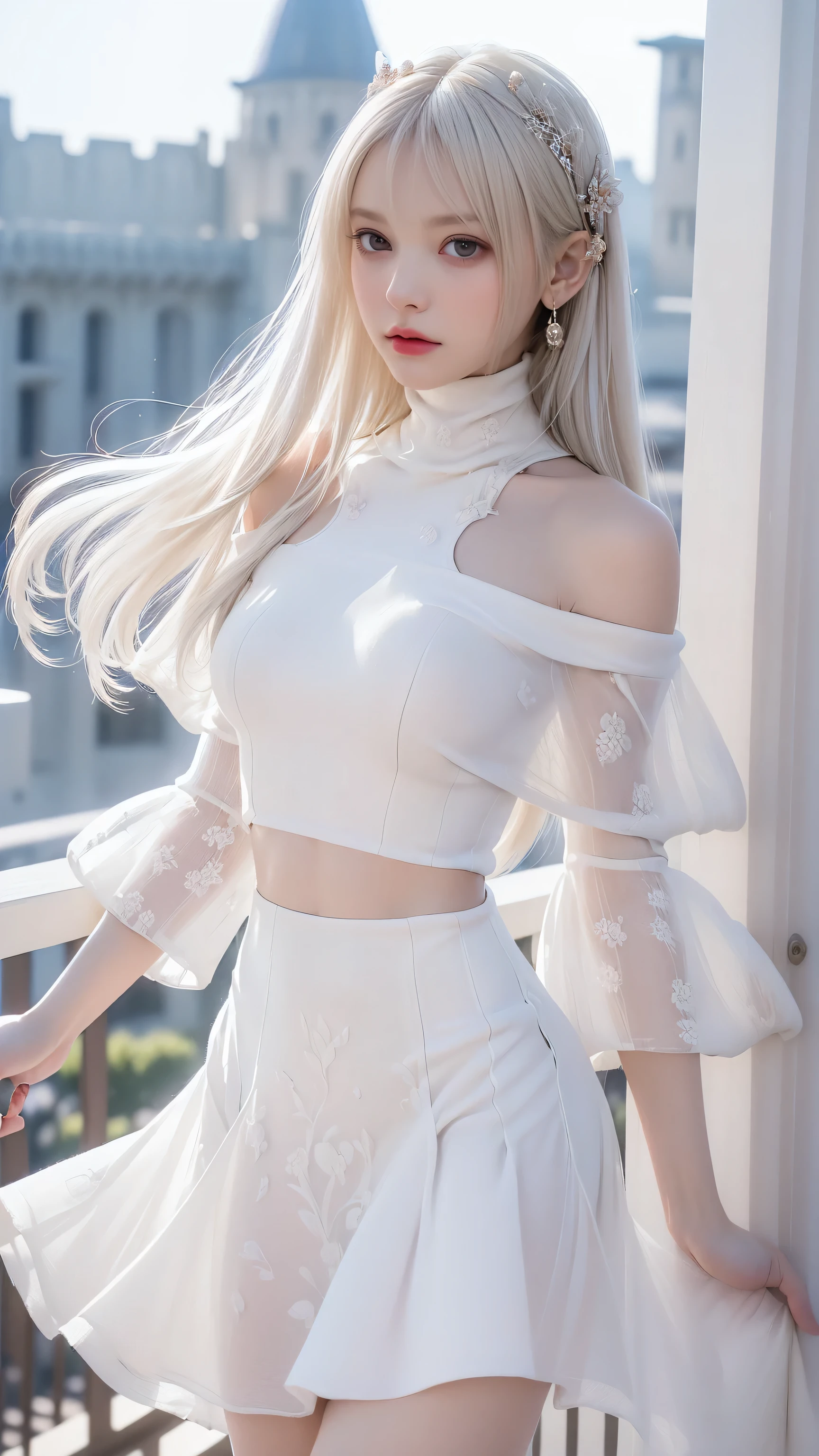 ((Woman Standing On Balcony Of Old Castle))、((Rear View)),((look back))、Highest quality works、actual work、Ultra Premium Graphics、8K HD CG Works、High quality graphics、High-definition CG works、10x pixels、Ultra-fine detail:1. 1、High technical level:1.1 PhotoGenuine、Natural light:1. 5、Light effects(Virtual Light effects:1.8)、((Straight Van、Princess Van))、((Very heavy、Volume Bang:1.1)、((very long、Very heavy、Very voluminous side locks:1. 1)、hime cut、Straight bangs、Bangs straight、(masterpiece、Highest quality:1.5)、(ultra detailed 8k cg:1.4)、(超Realistic:1.25)、(Genuine:1.1. 4)、((Golden white hair))、Thin eyebrows、High nose、Nice red lips、Rosy Cheeks、Delicate makeup face、Cute Face、Perfectly balanced face、()、Light-colored foundations enhance the clarity of your skin..。 ((An off-the-shoulder semi-transparent white floral dressy skirt fluttering in the wind))、 ((You can see her white panties)), 40k、photograph、、Highest quality、(1. Beautiful Eyes、Light Hair、White skin、Mr.. Escape.々tracing、((Mid-chest、:1.1))、Highest quality、Tabletop、Ultra-high resolution、(Genuine:1.4)、RAWphotograph、(Perfect figure)、(slim、:1.3)。 3)、Slim abdomen、that's all(Girl standing on the balcony of an old castle),((Bust up photograph)),((masterpiece:1.5、8k、Portraiture、Photorealistic and very detailed CG、Very detailed、Particle Effects、Dynamic Effects、Written boundary depth、Cinematic Light、Lens flare、Ray Tracing、Tabletop、Realistic:1.4、Ultra-high resolution:1.2、Realistic、Realistic,((alone)、(A woman wearing a semi-transparent white turtleneck dress:1.4)、モデル風のtracing:、Side bust、(Medium sized breasts)、Detailed face、Bright expression、young, Brighter, Whiter skin、Best Looks、Ultimate beauty、White hair with shiny highlights:1.8、bright and shiny hair,、Super long, Silky straight hair、Hair swaying in the wind))(Wonderful transparent flower々Surrounded by、White Background、Great background、Thin petals fluttering down)、(The Milky Way is visible in the background)