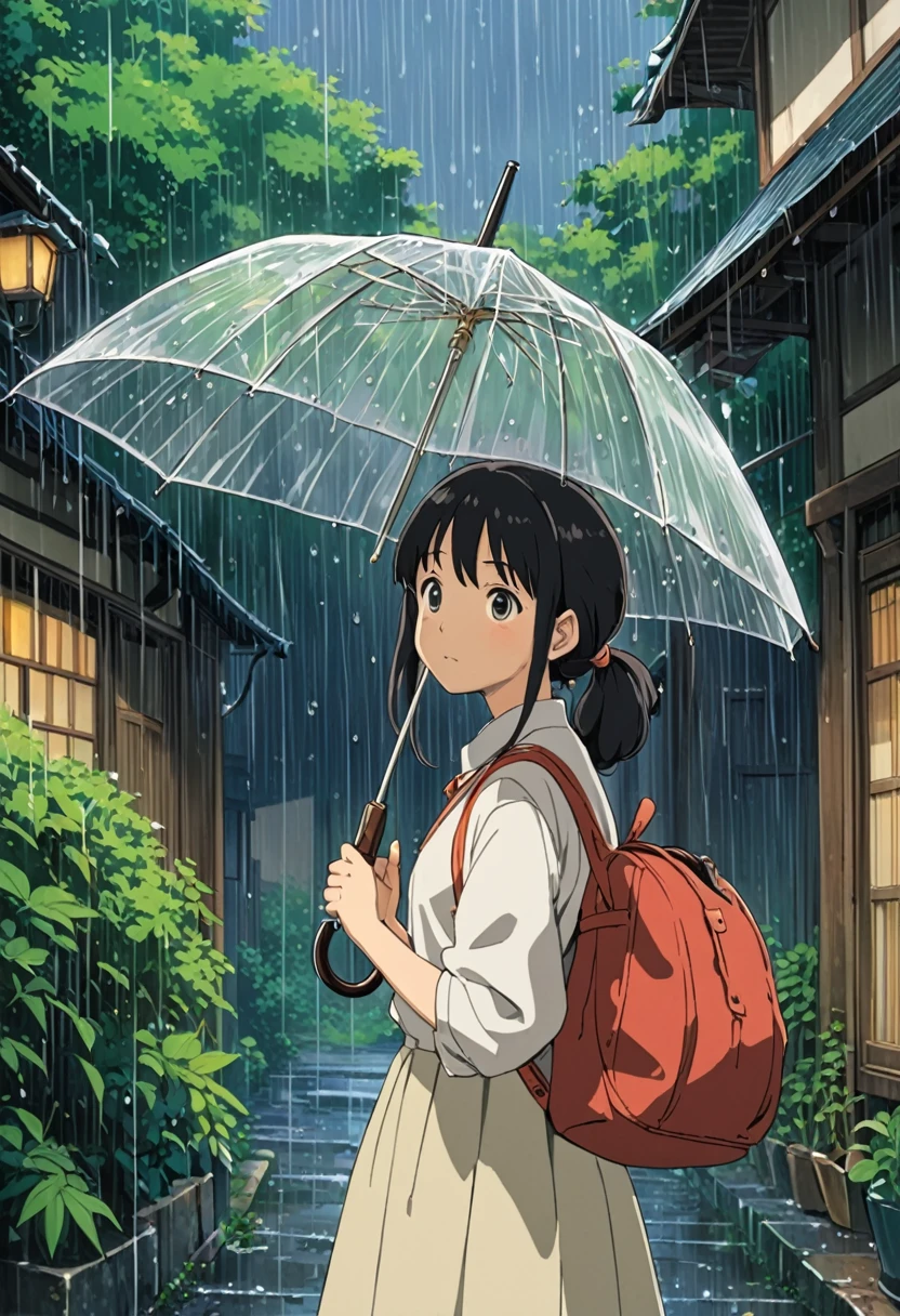 Studio Ghibli-style anime movies, Movie stills, Highest quality, masterpiece, Representative works, Official Art, Professional, Super intricate details, 8k, rain,I can see the back of a girl holding an umbrella.