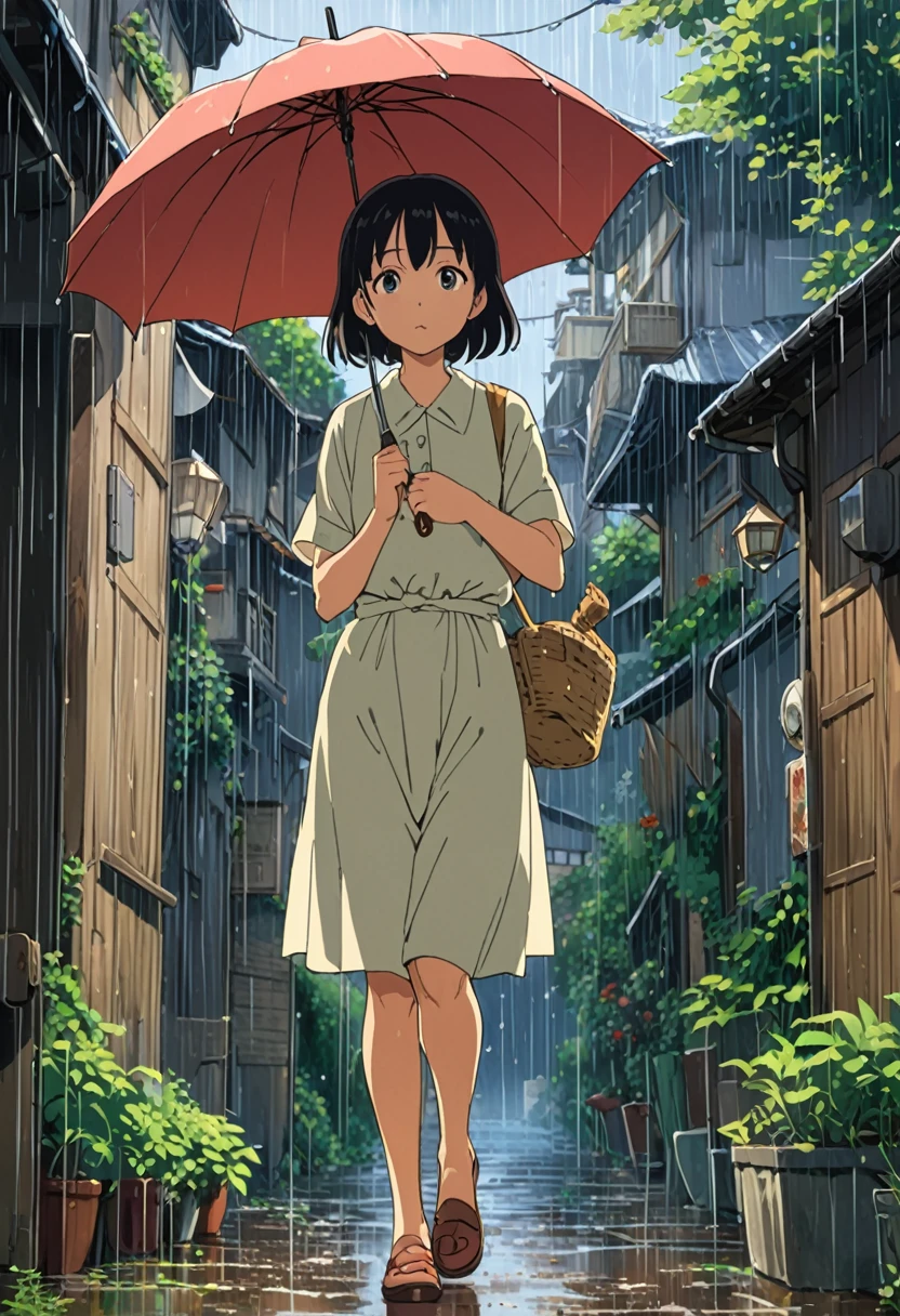 Studio Ghibli-style anime movies, Movie stills, Highest quality, masterpiece, Representative works, Official Art, Professional, Super intricate details, 8k, rain,I can see the back of a girl holding an umbrella.
