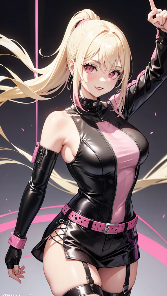 (((Adult woman))), ponytail blonde hair, (Pink eyes), black leather clothes, smile, dancing