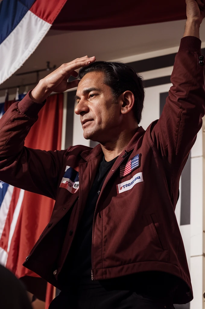Former president on stage at a political or public event with gestures of enthusiasm or solidarity, red wine cover his right ear, the bodyguard try to cover him, an American flag present indicating national context, and clear weather conditions