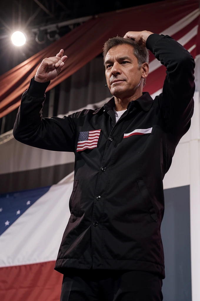 Former president on stage at a political or public event with gestures of enthusiasm or solidarity, red wine cover his right ear, the bodyguard try to cover him, an American flag present indicating national context, and clear weather conditions