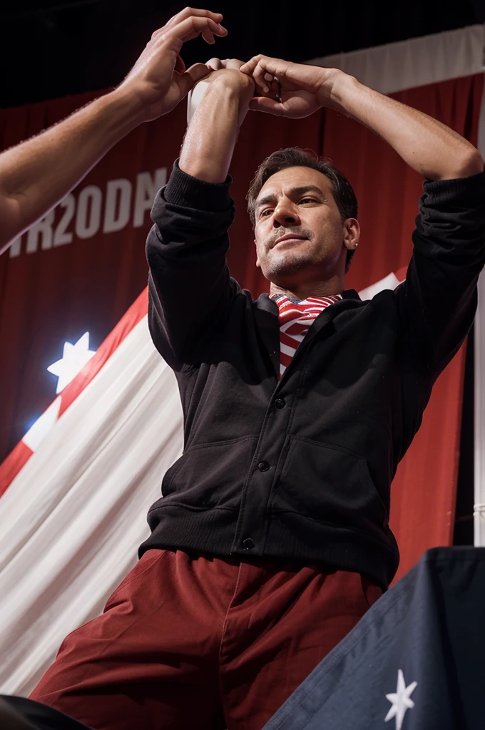 Former president on stage at a political or public event with gestures of enthusiasm or solidarity, red wine cover his right ear, the bodyguard try to cover him, an American flag present indicating national context, and clear weather conditions