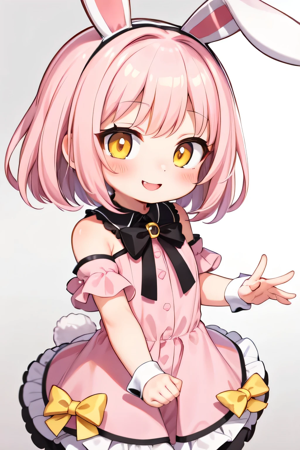 rabbit girl, light pink hair, short hair, happy smile, yellow-eyes, blush, little_girl,cute_loli, rabbit costume , cheerful,