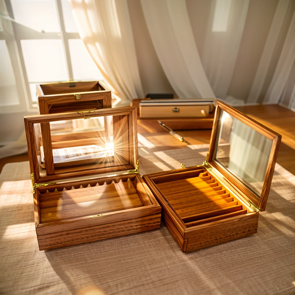 In this cozy room，A ray of sunlight shone through the half-drawn curtains on the table，Let the wood grain on the watch storage box shine with a faint luster。There was a calm and peaceful atmosphere in the air around them。There are several still lifes hanging on the walls of the room，It adds a touch of elegance to the space。And on the other side of the room，The half-open window lets in the breeze，The pages on the small desk by the window turned in the wind，This quiet scene gives a sense of tranquility and comfort。

