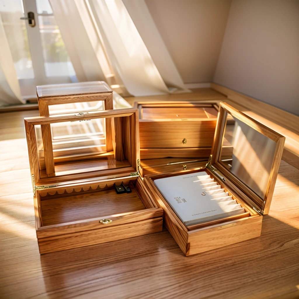 In this cozy room，A ray of sunlight shone through the half-drawn curtains on the table，Let the wood grain on the watch storage box shine with a faint luster。There was a calm and peaceful atmosphere in the air around them。There are several still lifes hanging on the walls of the room，It adds a touch of elegance to the space。And on the other side of the room，The half-open window lets in the breeze，The pages on the small desk by the window turned in the wind，This quiet scene gives a sense of tranquility and comfort。

