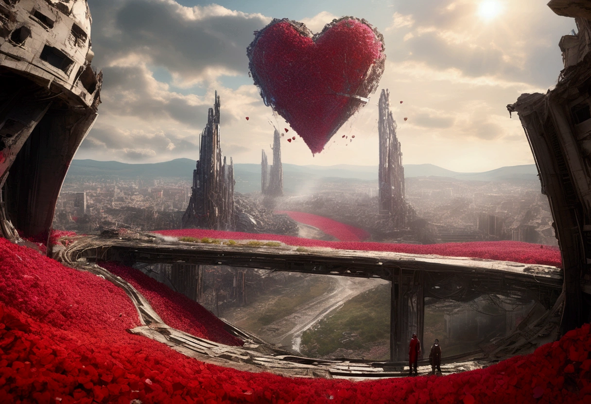 An incredible movie scene with a big cybertech spaceship in third person in the scene flies over a large valley with a field of abstract flowers in the shape of red hearts on thin stems Scscesce in the vegatation among the rubble of a destroyed city, its flight between the remains of buildings Fallen bridges Destroyed streets reflect the shadow of the large ship projected on the ruins
