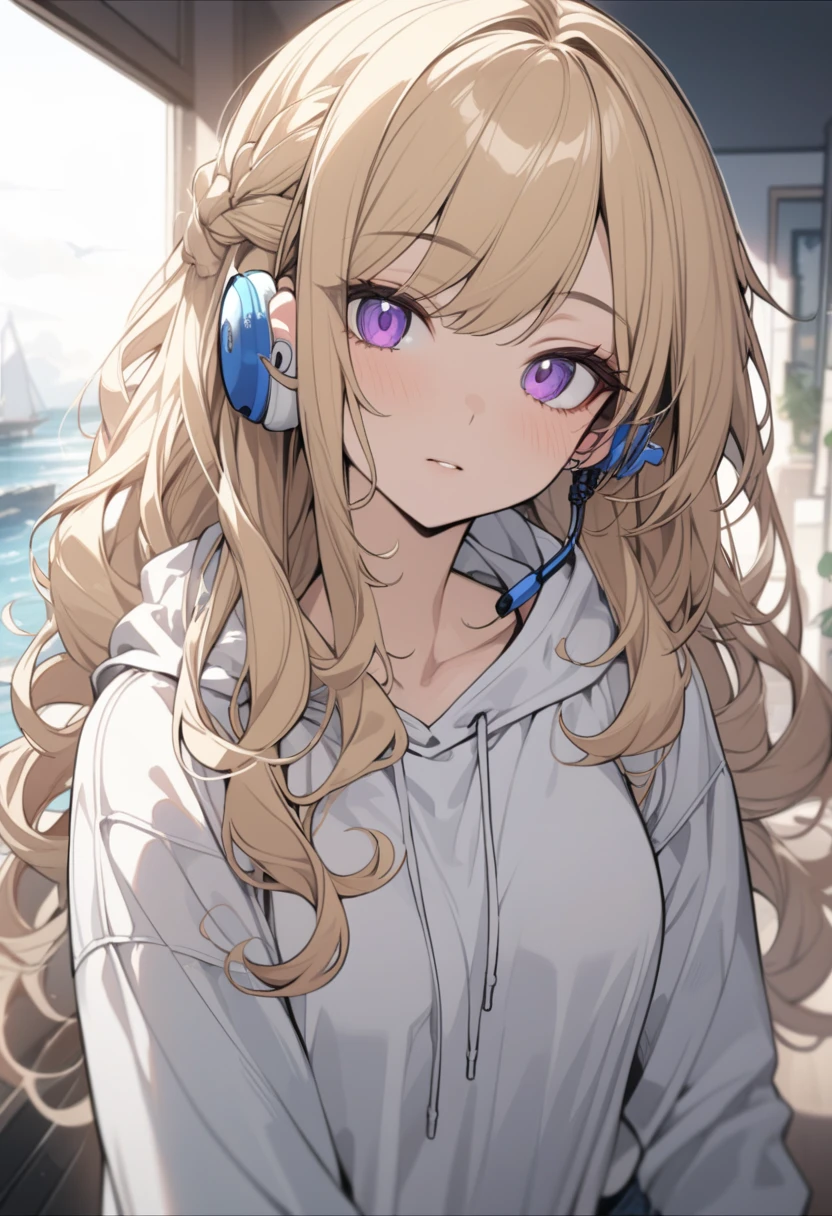 masterpiece, best quality, extremely detailed, ultra detailed, flat anime, 2D, 1girl, (young adult:1.2),blonde hair, (semi-long hair:1.2), curly hair, french braid, medium , tsurime, purple eyes, height 1.7meters, white hooded sweatshirt, jeans, earring,bracelet, long sleeves, ((earphone)), jitome, portrait, upper body, looking at viewer, facing viewer, summer, livingroom, 12AM., standing