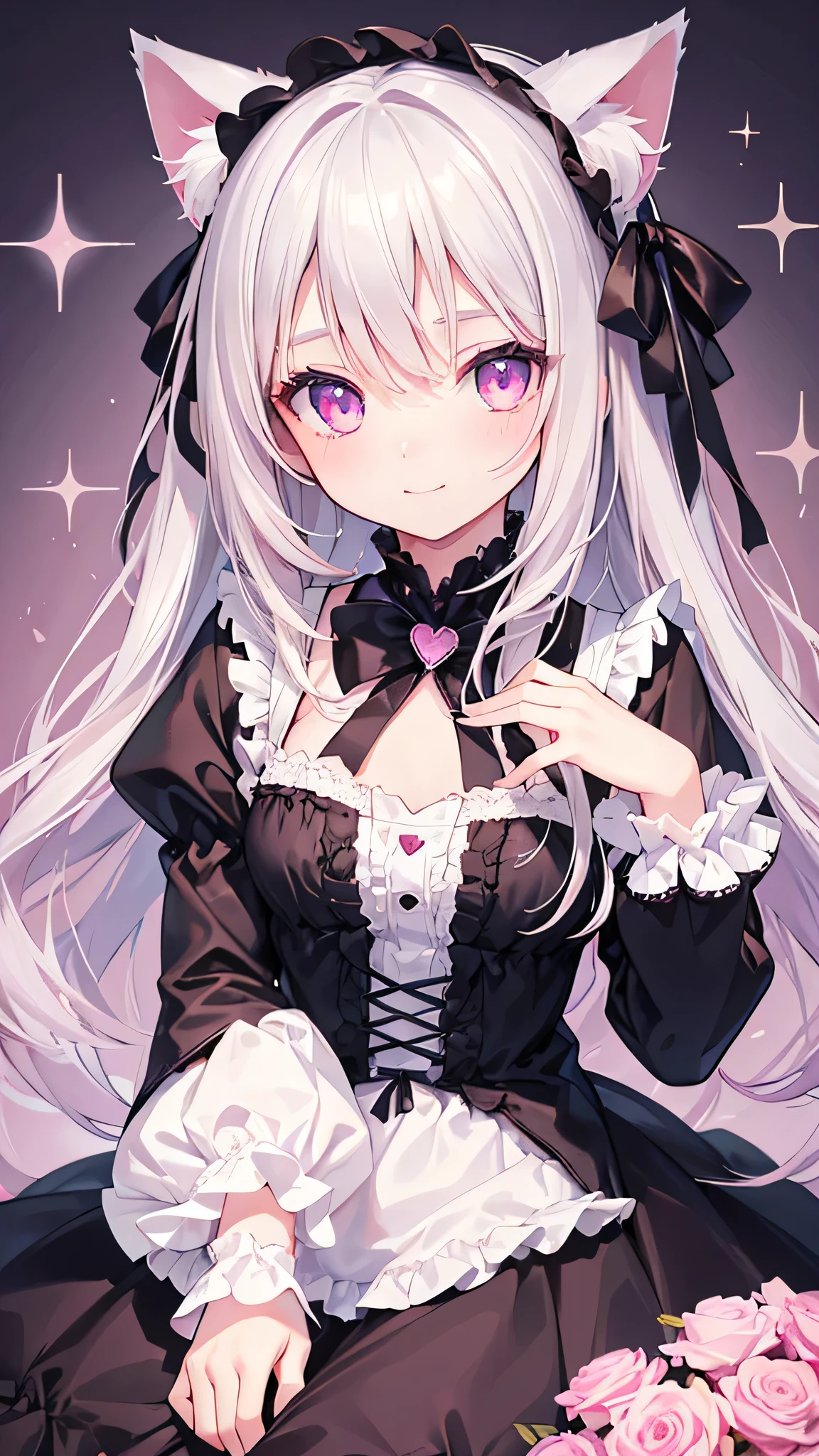 Highly detailed face,fine grain,Sparkling eyes,Highlighted eyes,Medium chest,pretty girl, smile,Longing eyes,Cat ear, Beautiful silver hair,Pink inside,Beautiful pink eyes, lolita fashion