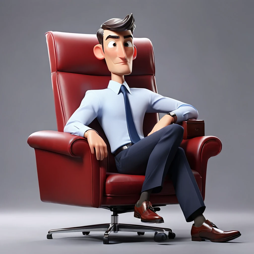 A businessman sitting with legs spread apart, one arm resting on the chair armrest