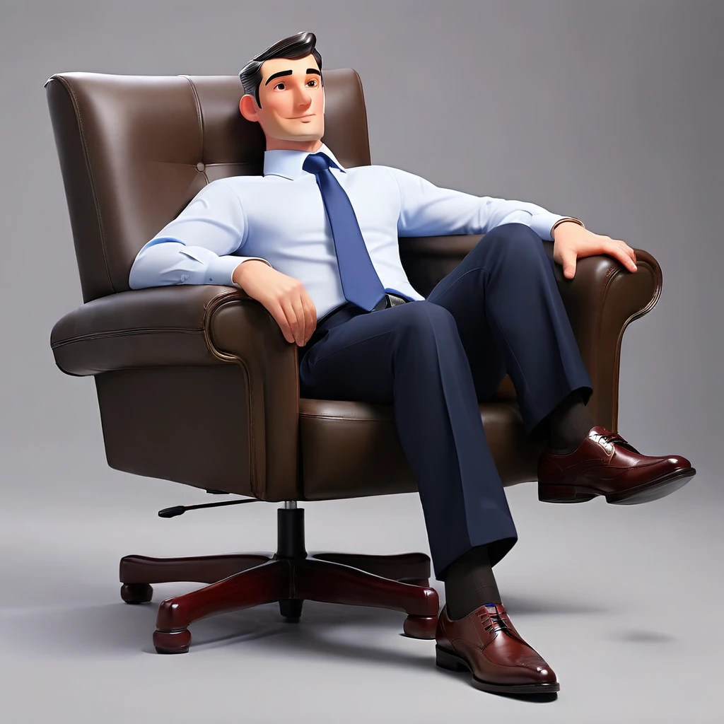 A businessman sitting with legs spread apart, one arm resting on the chair armrest