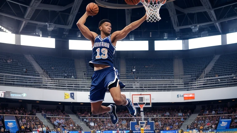 One boy, (Dunk Shot), cowboy shot, basketball, Basketball goal, Sportswear, Indoor professional arena, Vivid lighting, The audience is going wild, The final seconds of the final, The moment you jump high, A powerful figure heading towards the ring,Lucky Glauber, Shorts, socks, Dark Skin, Earrings, Dark skinned man, sneakers,blue Shorts, running,