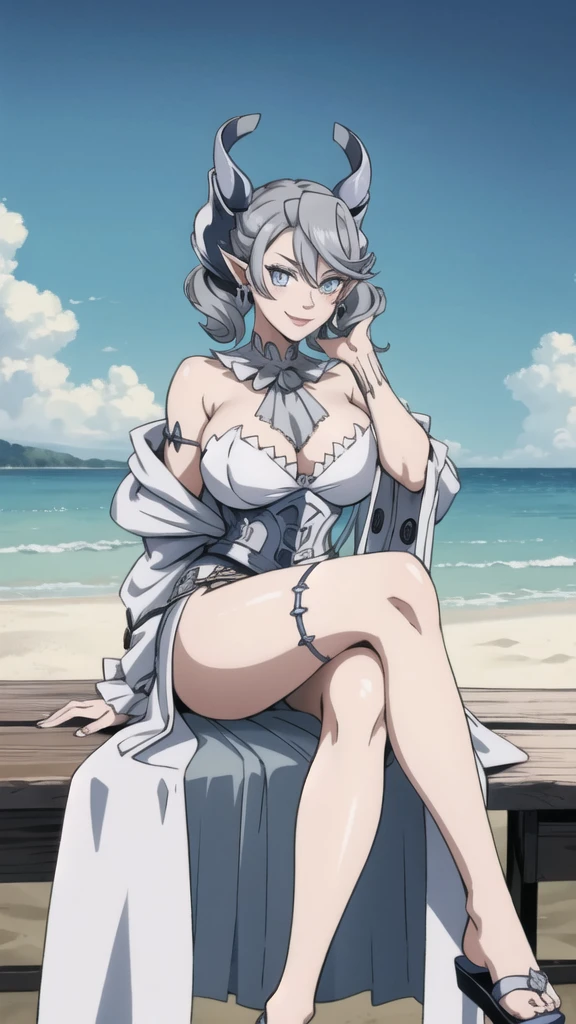 Beautiful arts wallpaper Sunset Outside castle top  High level image quality　best image quality　8K　 adult woman   silver castle outside  more colors   whole body view　portrait　 wearing pure white pirate dress  　horn    ears  　short hair（（shortcut）（gray hair）（perm）（fluffy））　eye color is blue ,  , 　attractive evil face , smile   ,  beach   ,  labrynth       , slippers , holding  her breast,   , sitting with crossed legs  , waves