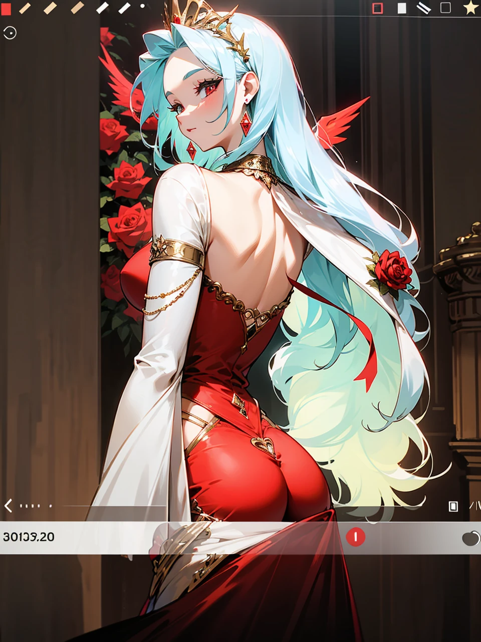 Add in roses to her dress, a good back dress design with some golden jewelry, make her dress into a red and white gown with a hat, give her some unique Jewelry, and make her look somewhat of a demonic angel like appearance to her