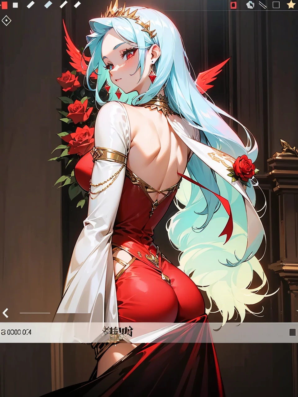 Add in roses to her dress, a good back dress design with some golden jewelry, make her dress into a red and white gown with a hat, give her some unique Jewelry, and make her look somewhat of a demonic angel like appearance to her